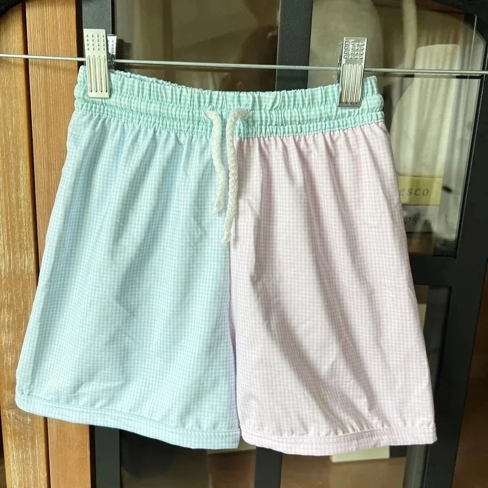 Lullaby Set toddler boys swim trunks shorts pastel gingham pink green colorblock